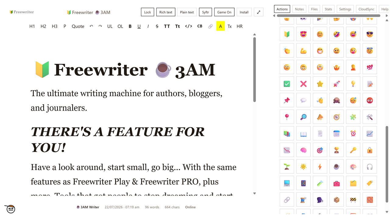 Freewriter 3AM open on a wide screen